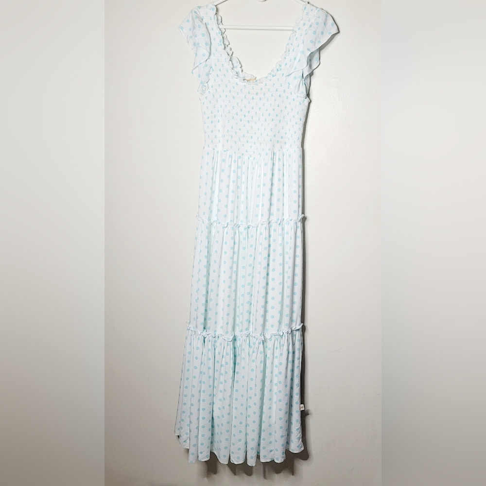 Anthropologie Araminta James Dress Maxi Womens Large Blue Polka Dot Summer Italy